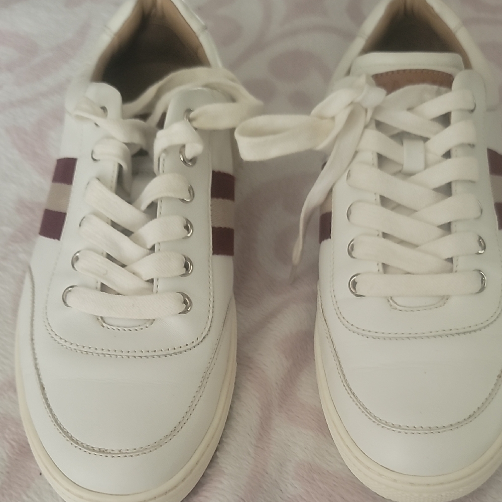 Bally Ivory and Maroon Lace-Up Sneakers